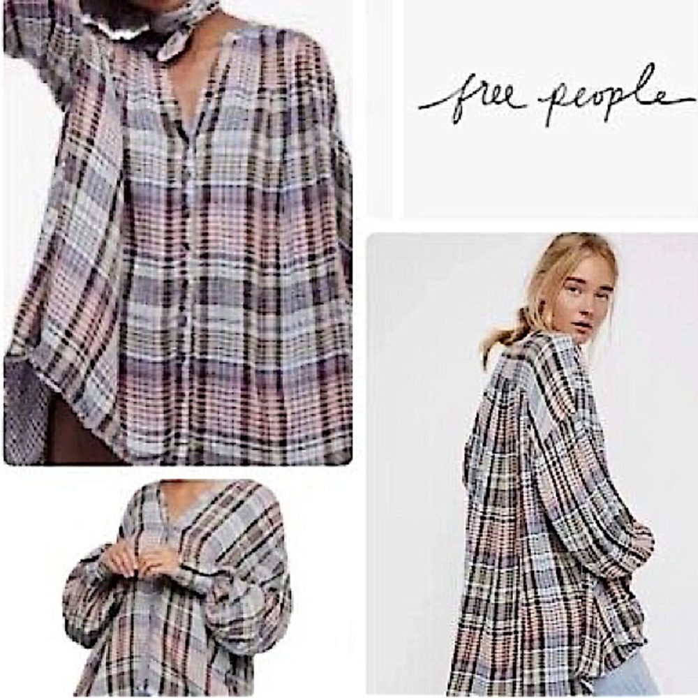 Free People Come On Over Plaid Oversized Button Down Blouse - Picture 2 of 8